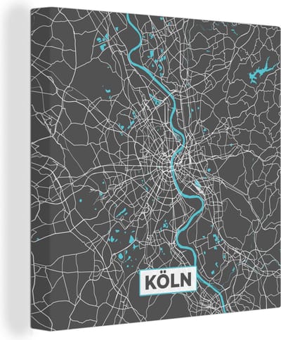 Canvas Schilderij Köln – Stadskaart – Blauw – Plattegrond – Stadskaart – Kaart - Duitsland - 20x20 cm - Wanddecoratie