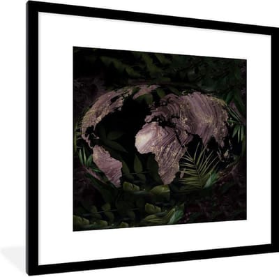Poster in lijst - Fotolijst 40x40 cm - Posters - Wereldkaart - Planten - Paars - Posterlijst zwart - Decoratie - Wanddecoratie woonkamer - Muurdecoratie slaapkamer