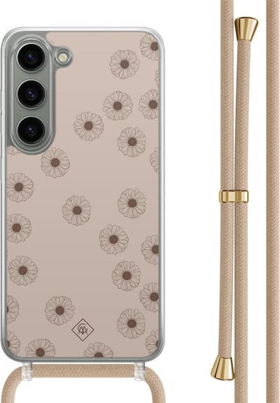 Casimoda® hoesje met beige koord - Geschikt voor Samsung S23 - Cute Flowers - Afneembaar koord - TPU/polycarbonaat - Zwart