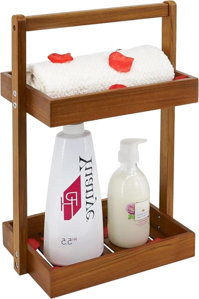 Teakhouten Douche Caddy voor Hoek, 2-laags Badkamer Organizer met Handvat, Ideaal voor Shampoo en Doucheaccessoires, Perfect voor Binnen en Keuken