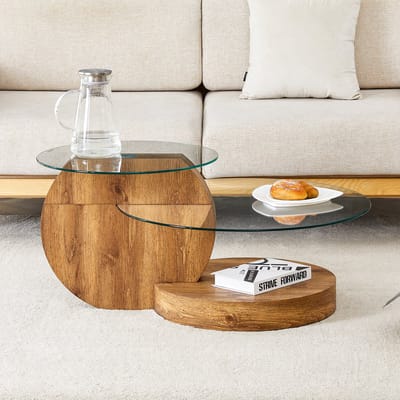DESMIU Salontafel - Modern Minimalistisch Ontwerp Met Gehard Glas En Houtstructuur - Voor Woonkamer En Interieur - MDF En Glas - Transparant En Hout - 49,8 Cm En 69,8 Cm