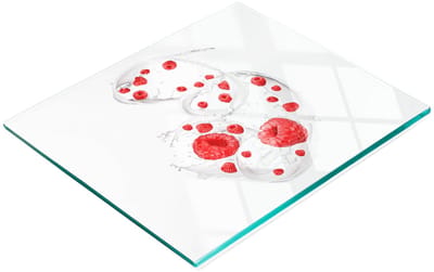 Decoratieve glazen keukensnijplank met frambozen en melkmotief, 60x52 cm