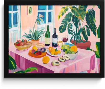Poster in lijst - Fotolijst 40x30 cm - Posters - Tafel - Wijn - Fruit - Posterlijst zwart - Decoratie - Wanddecoratie woonkamer - Muurdecoratie slaapkamer