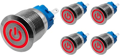 ProRide Drukschakelaar ON-OFF 12V/24V - 19mm Metaal - Waterdicht - LED Ring Rood - 5 stuks