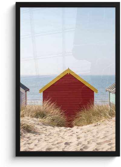 Poster in lijst - Fotolijst 40x60 cm - Posters - Strand - Huisjes - Kleurrijk - Duinen - Posterlijst zwart - Decoratie - Wanddecoratie woonkamer - Muurdecoratie slaapkamer
