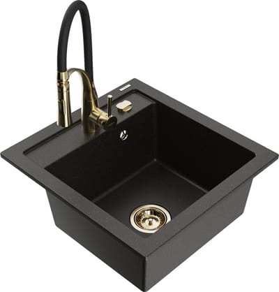 Mexen Vito granieten spoelbak met 1 bak en Aster keukenmengkraan, zwart/gouden metallic- 6503-75-73450-57-G