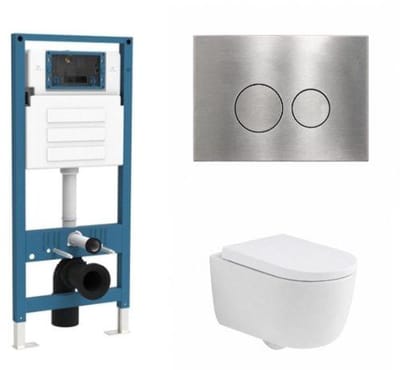 QeramiQ Dely Swirl Toiletset - inbouwreservoir Qeramiq Flush - 35mm zitting - metaal RVS bedieningsplaat - ronde knoppen - mat wit