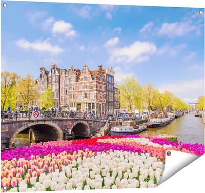 Gards Tuinposter Amsterdamse Huisjes aan de Grachten - 100x80 cm - Tuindoek - Tuindecoratie - Wanddecoratie buiten - Tuinschilderij