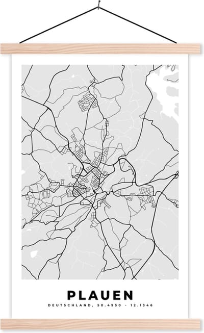 Posterhanger incl. Poster 40x60 cm - Schoolplaat - Kaart - Plauen - Duitsland - Plattegrond - Stadskaart - Textielposter - Blanke latten - Stadskaart