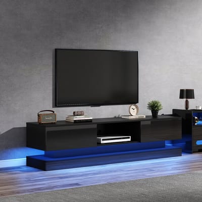 DESMIU Tv-Meubel - Hoogglans Met Ledverlichting En 2 Laden - Voor Woonkamer En Televisies Tot 60 Inch - Spaanplaat - 160x35x40,5 Cm - Zwart