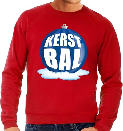 Foute kersttrui kerstbal blauw op rode sweater voor heren - kersttruien S
