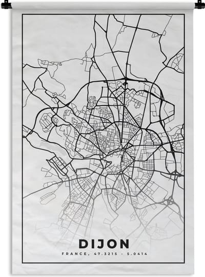 Wandkleed - Wanddoek - Frankrijk - Dijon - Plattegrond - Stadskaart - Kaart - Zwart wit - 120x180 cm - Wandtapijt