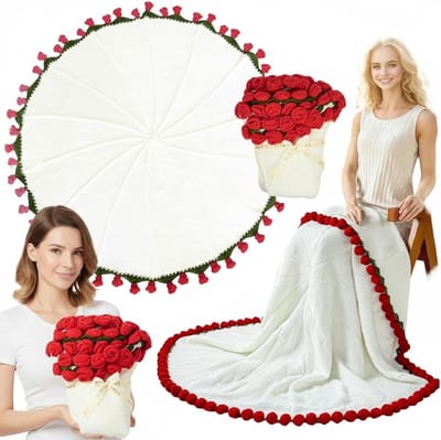 Handgemaakte Rozen Plaid met Haakjes van 110 cm - Perfect voor Moederdag, Verjaardag en Valentijnsdag met 68 Bloemen (Rood, 110 cm)