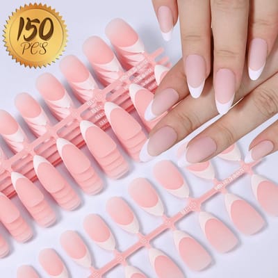 150 stuks/set Witte Franse Nagel Tips Medium Amandel Nude Roze Pers Op Nagel Franse Tips Mat Gevorst Valse Nagels TD178-3