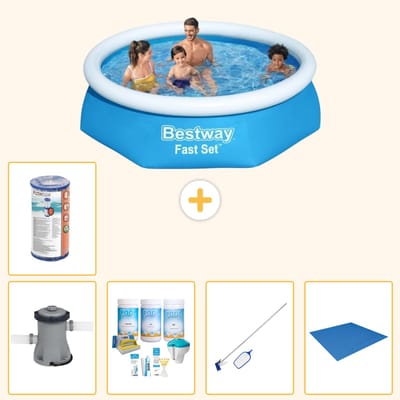 Bestway Rond Opblaasbaar Fast Set Zwembad - 244 x 61 cm - Blauw - Inclusief Pomp - Onderhoudspakket - Schoonmaakset - Grondzeil - Filter - 6-delig