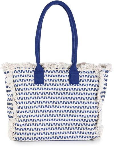 Shopper Tas - Handtas - Strandtas - Geweven - Trendy Tas - Met Open Top + Ritssluiting + Extra Ritsvakje - Creme/Blauw