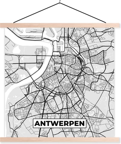 Posterhanger incl. Poster 40x40 cm - Schoolplaat - België – Antwerpen – Stadskaart – Kaart – Zwart Wit – Plattegrond - Textielposter - Blanke latten - Stadskaart