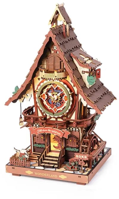 ROBOTIME 3D Wooden Puzzles for Adults-Cuckoo Clock Wooden Models for Adults to Build-435 Piece Model Kit with 2 Lights-Gift for Craft Enthusiast Model Building Set (Colourful)