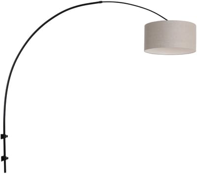 Zwarte boog wandlamp Sparkled Light 8137ZW van Steinhauer met grijs linnen kap, metaal en textiel, 30 cm diameter, 18 cm hoogte, draaibaar en uitschuifbaar, voor binnengebruik