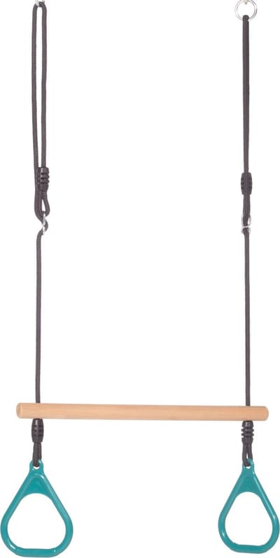 Houten Ringtrapeze met Kunststof Ringen Turquoise - Zwart Gevlochten Touw