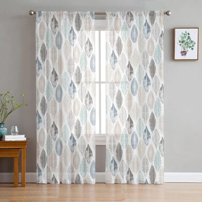 Bladeren Blauw Kaki Teal Grijs Tule Gordijnen Balkonkamer Mode Bedrukt Transparant Gordijn Woonkamer Raam Moderne Decoratie 135W x 114H(cm) white