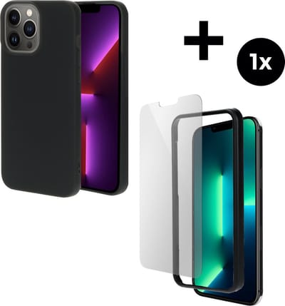 Mobiparts Silicone Cover hoesje geschikt voor Apple iPhone 13 Pro Max met 1 Screenprotector van Gehard Glas - Zwart