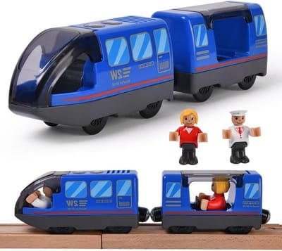 Houten Spoorbaan met Magnetische Verbinding, Elektrische Trein Speelgoed voor Kinderen, Batterij Aangedreven Cadeau voor Jongens en Meisjes, 3 Jaar en Ouder, Blauw