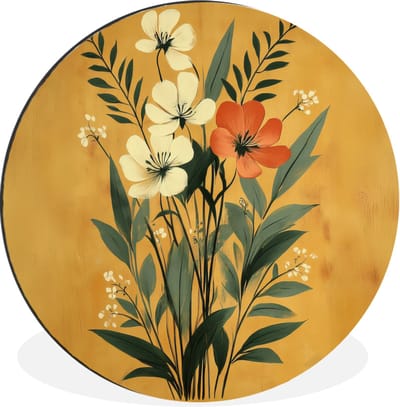 WallCircle - Wandcirkel - Muurcirkel - Bladeren - Boeket - Bloemen - Geel - Aluminium - Dibond - 30x30 cm - Binnen en Buiten