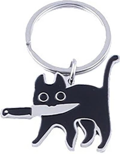 Zwarte Kat Sleutelhanger met Inklapbaar Mesje RVS