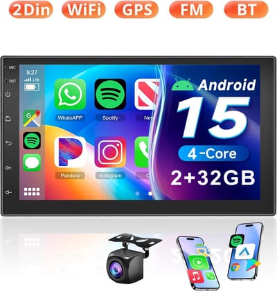 ESSGOO Autoradio 2Din Universeel - Android 15 - Apple Carplay & Android Auto (Draadloos) - 2+32GB - 7 Inch HD Touchscreen - GPS Navigatiesysteem - Achteruitrijcamera