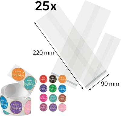 25x Uitdeelzakjes met Happy birthday stickers div kleuren | 220 x 90 mm | Traktatiezakjes | Kinderfeestje | Cellofaanzakjes | Cadeauzakjes | Snoepzakjes | Uitdeelzakjes kinderen | Cadeauzakjes Kinderen | Verpakkingszakjes Uitdeelcadeaus