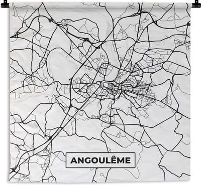 Wandkleed - Wanddoek - Angoulême - Stadskaart – Plattegrond – Kaart – Frankrijk - Zwart wit - 180x180 cm - Wandtapijt