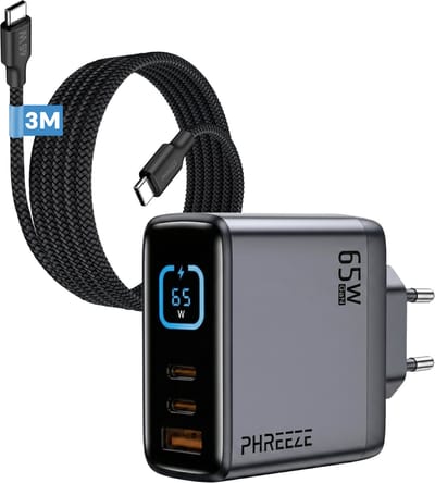 Phreeze USB C Stekker + USB C Oplaadkabel 3 Meter - Snel Oplader - USB C Power Adapter + Lange USB C naar USB C Kabel 3M