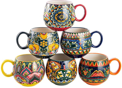 NTHProducts - Mugs Set Porcelain - Keramische Cappuccino Mokken - 600ml - Koffiemokken Set voor 6 Personen - Bohemian Stijl - Perfect voor Thuisgebruik