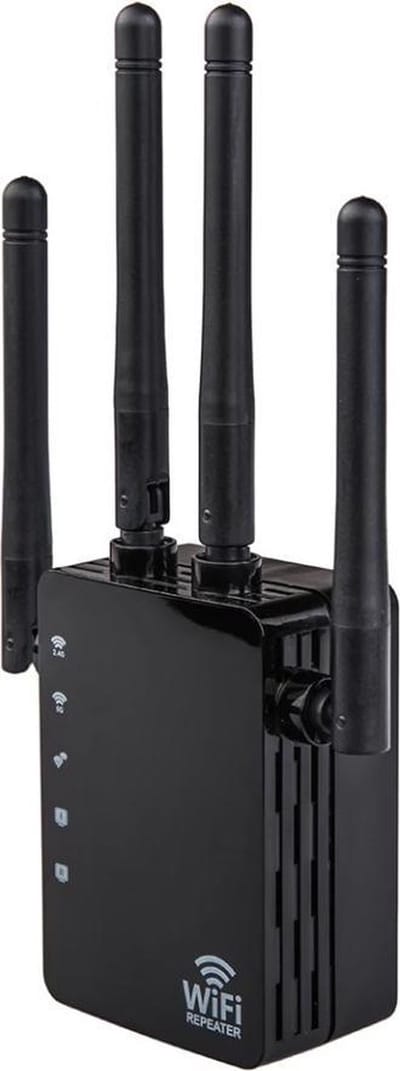 DrPhone WR4 Pro WiFi Versterker – 1200Mbps Dual Band (2.4GHz 300 + 5GHz 866) – 2x LAN – WPS – 4 Antennes – Zwart