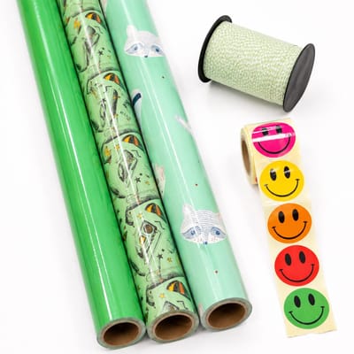Inpakset Cadeaupapier – “Green Smiles & Woodland” – Groen / Mint – 70 x 200 cm – 3 Rollen – met Lint & Smiley Stickers – Complete Set