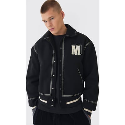 Boxy Stitch Detail Melton Varsity Jas in Zwart | Black | Size XS