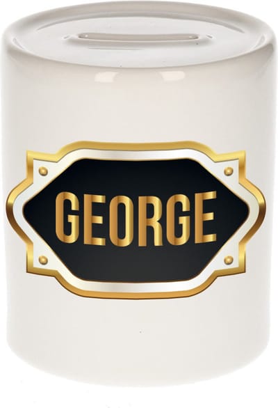 Spaarpot met voornaam George - wit - met goud/zwart embleem - 8 x 9 cm - keramiek - met afsluitdop - cadeau verjaardag
