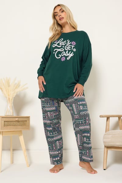 Yours Green 'Lets Get Cosy' Fairisle Pyjamaset Met Wijde Pijpen Size 42-44