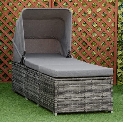 MEUNIQ ligbed 195 x 65 x 40 cm met verstelbare rugleuning, zonnedak en kussen, polyrattan tuinligbed voor tuin, terras of balkon, grijs