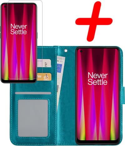 Hoesje Met Screenprotector - Geschikt voor OnePlus Nord CE 2 Lite - Luxe Pasjeshouder - Bookcase Portemonee - Flip Case - Kunstleer Book Case - Flipcase - Book Cover - Walletcase - Portemonneehoes - Turquoise