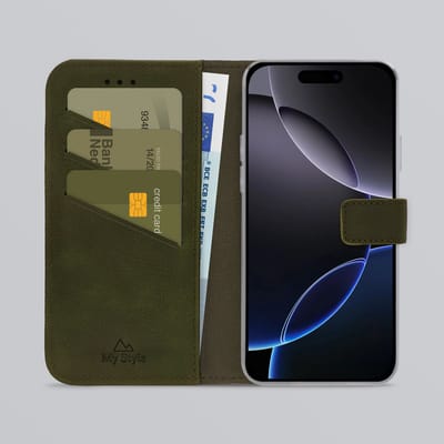 My Style Telefoonhoesje geschikt voor Apple iPhone 16 Pro Hoesje | My Style Flex Wallet Bookcase Portemonnee | Pasjeshouder voor 3 Pasjes | Telefoonhoesje voor Pinpas / OV Kaart / Rijbewijs - Forest Green | Groen
