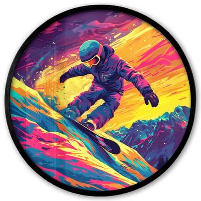 Poster in lijst Rond - Fotolijst 40x40 cm - Posters - Snowboarden - Sneeuw - Kleurrijk - Ronde posterlijst zwart - Decoratie - Wanddecoratie woonkamer - Muurdecoratie slaapkamer