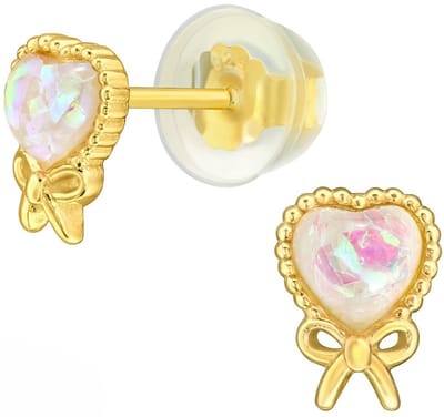 Joy|S - Zilveren hartje oorbellen - opaal - met strikje - 5.4 x 7.3 mm - gold plated - goudkleur - kinderoorbellen met siliconen vlinder sluiting