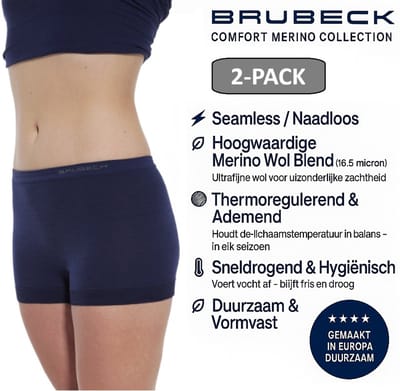 Brubeck Dames Boxershort – Merino Wol Blend Naadloos Ondergoed – 2 PACK - Navy Blauw – Maat S