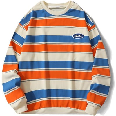Sweat à capuche Homme Nouveau Printemps et Automne Rayé Contraste de Couleurs T-shirt à Manches Longues Ample Vent de Hong Kong Amoureux Marque de Mode Chemise de Base M red