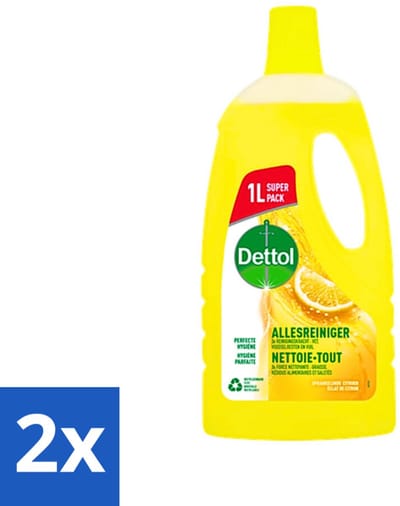 2 x Dettol - Allesreiniger - Citroen - Hygiënisch Schoon - 1 liter - Allesreiniger - Schoonmaakmiddel - Citrusgeur - Hygiënisch Schoon - Keukenreiniger