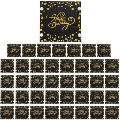 Dailygoods- Servetten 40 stuks - Vierkante Servetten 33 cm x 33 cm - Tafelservetten - Decoratief Papier - Zwart/Goud - Happy Birthday Ontwerp