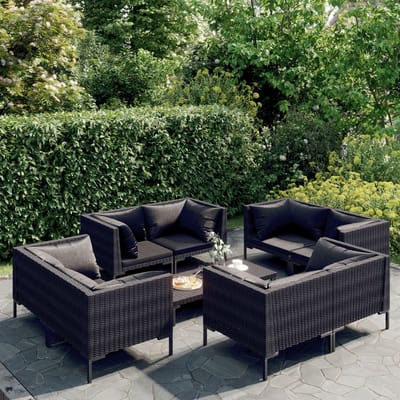 vidaXL - 9-delige - Loungeset - met - kussens - poly - rattan - donkergrijs