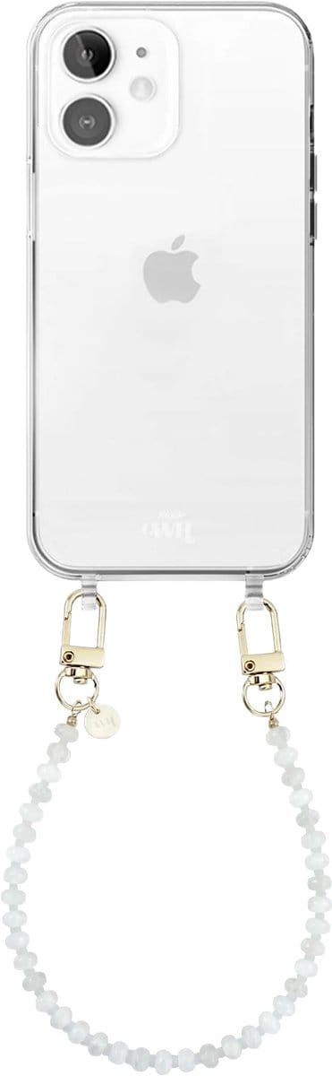 xoxo Wildhearts siliconen hoesje geschikt voor iPhone 12 - Dusty White - Kort koord - Telefoonhoesje - Hoesje met koord - Kralenketting - Wit telefoonkoord - Transparant hoesje